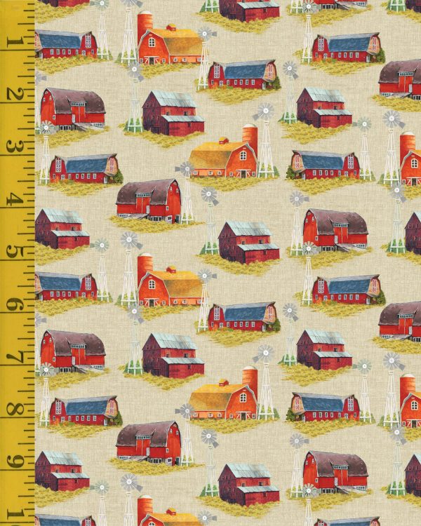 Benartex: Something to Crow About: Barnyard Barns - Natural #25-4599