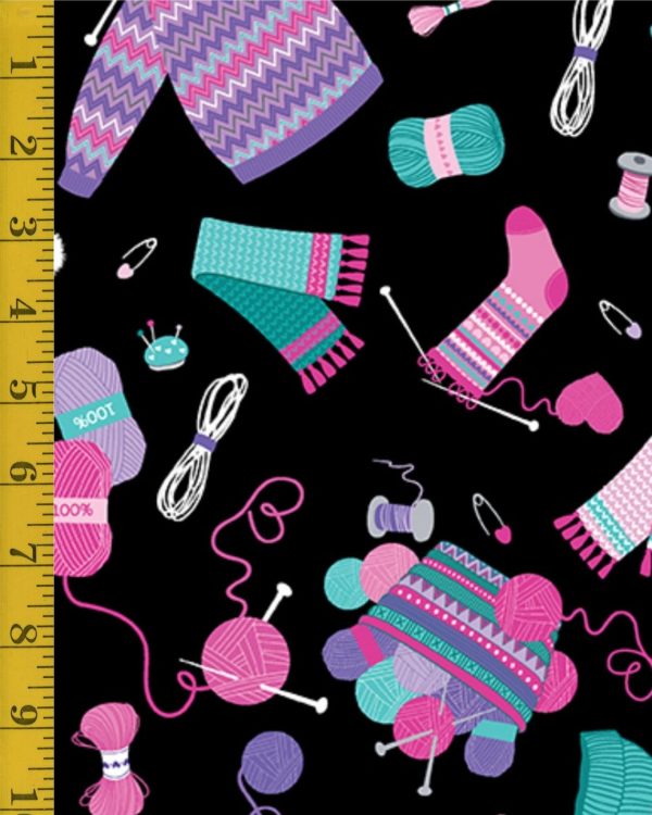 Benartex Fabrics Love Ewe More: Hand Knitted - Black - 25-4798