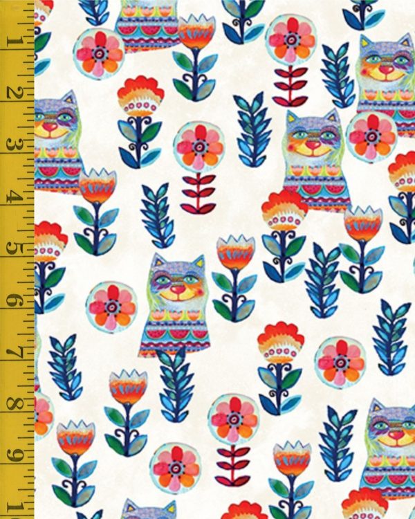 Benartex Fabrics Sunshine Cats: Flowerful Cats - White - 25-4807