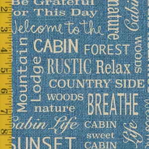 Benartex Burlap Woods: Burlap Cabin Words - Marine Blue #26-4922