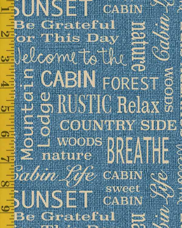 Benartex Burlap Woods: Burlap Cabin Words - Marine Blue #26-4922