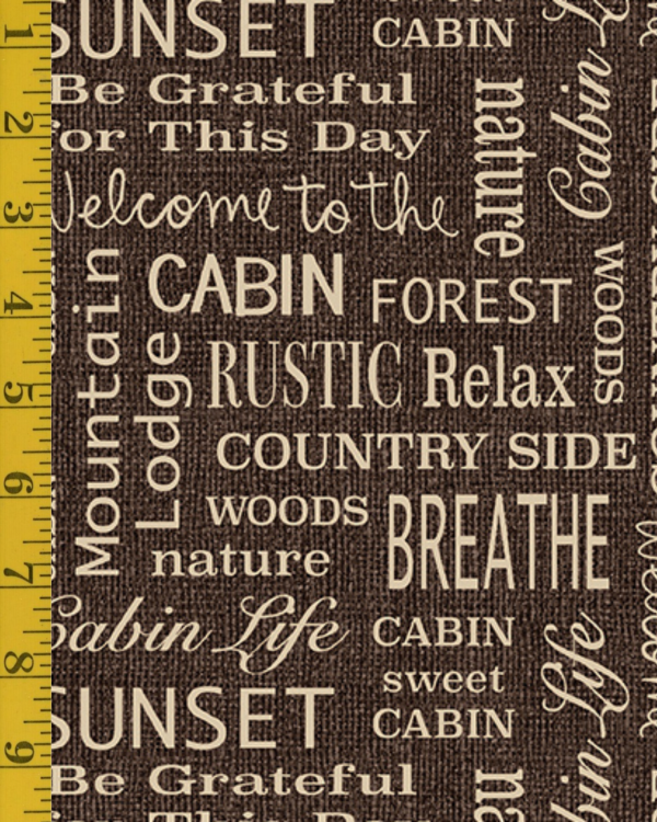 Benartex Burlap Woods: Burlap Cabin Words - Espresso #26-4926