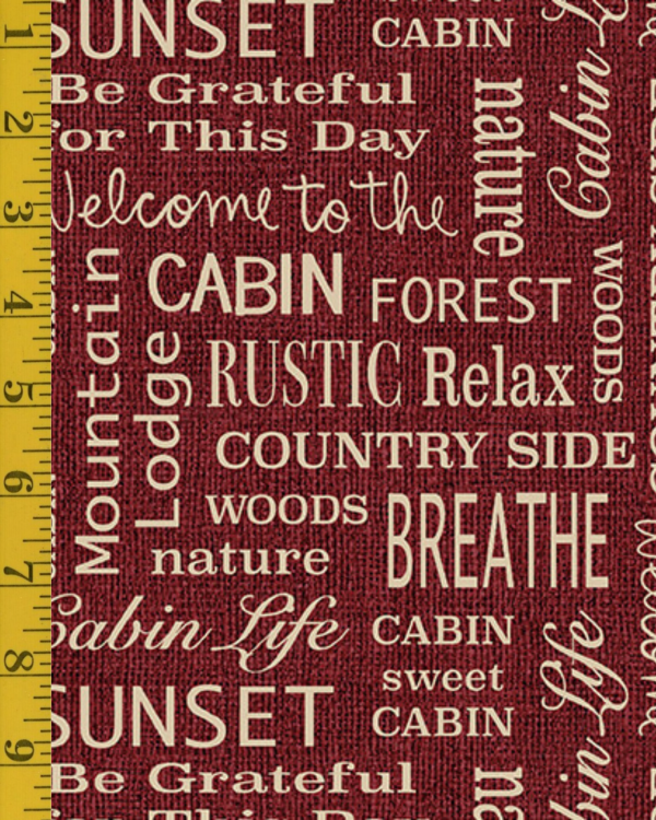 Benartex Burlap Woods: Burlap Cabin Words - Red #26-4929